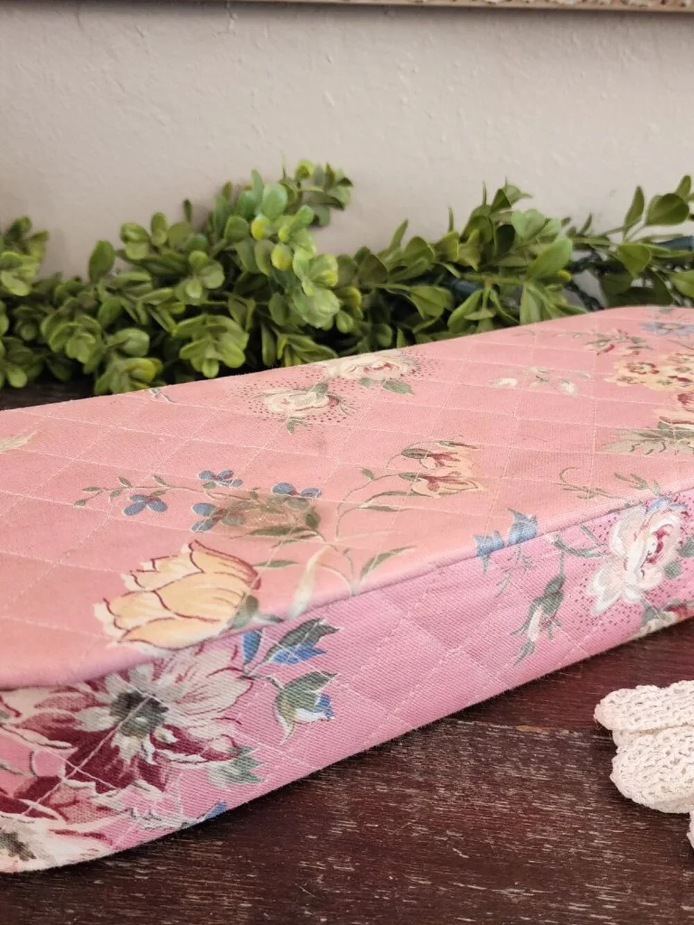 Vintage 1940's Pink Floral Covered Padded & Quilted Glove Dresser Box
